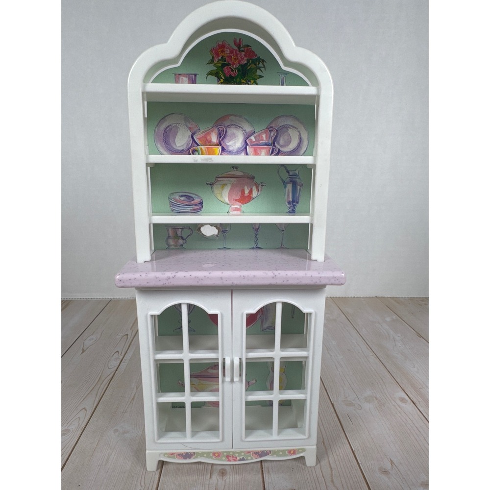 Vintage Mattel Barbie Kitchen Hutch China Cabinet White Pink 1990s Accessory